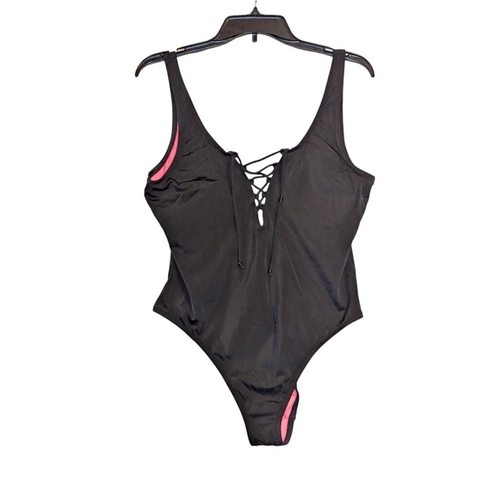 Victorias Secret Pink One Piece Swimsuit Lace-Up Back Black & Pink Size L